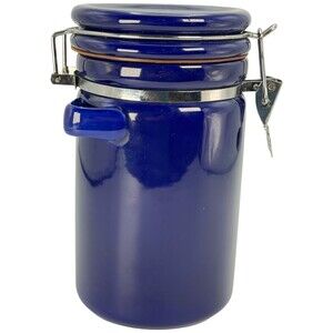 Canister Round Jar Wire Bail Lid & Gasket Snap Clasp Lid Blue 8" Spoon Holder